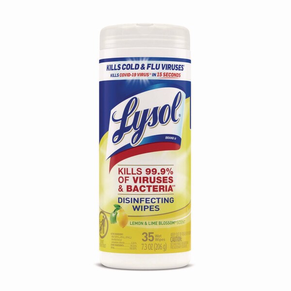 Lysol Disinfecting Wipes, 1-Ply, 7 x 7.25, Lemon and Lime Blossom, White, 35 Wipes 19200-81145 - main